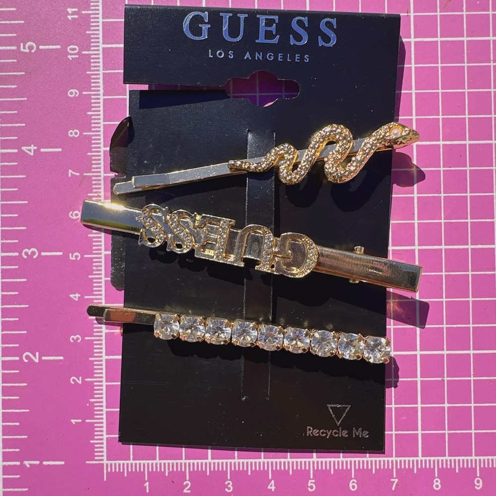 Guess 3pc hair clips gold tone snake + logo + diamonds paved NWT